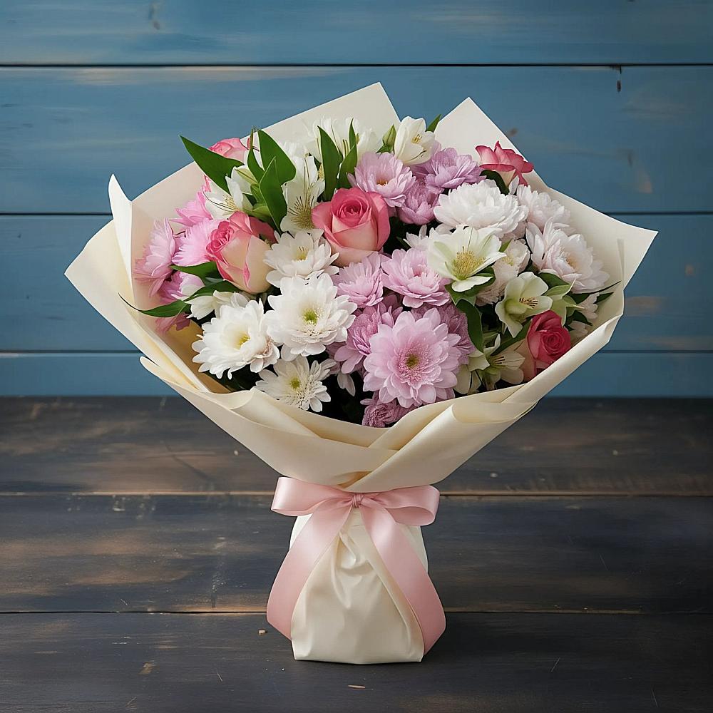 Букет цветов из: Хризантемы, Альстромерии и Розы в Боброве